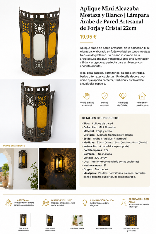 Aplique Mini Alcazaba Mostaza y Blanco - Lámpara Árabe de Pared Artesanal | Forja y Cristal 22cm