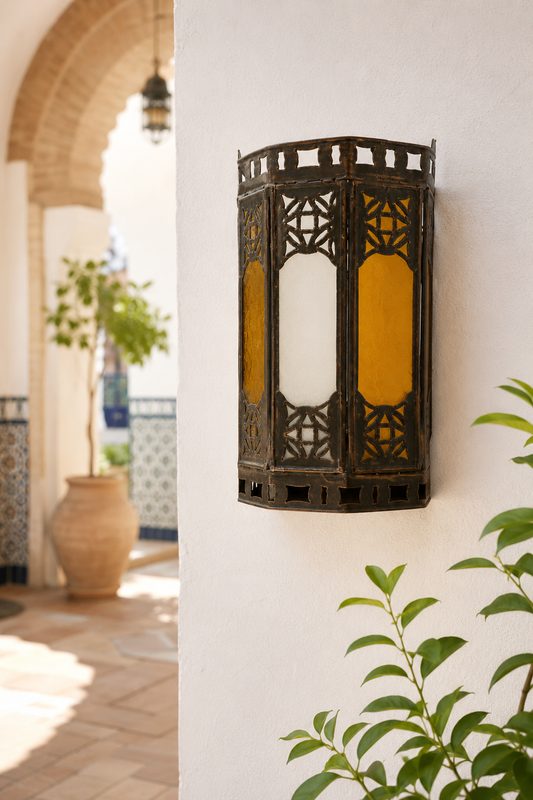 Aplique Mini Alcazaba Mostaza y Blanco - Lámpara Árabe de Pared Artesanal | Forja y Cristal 22cm