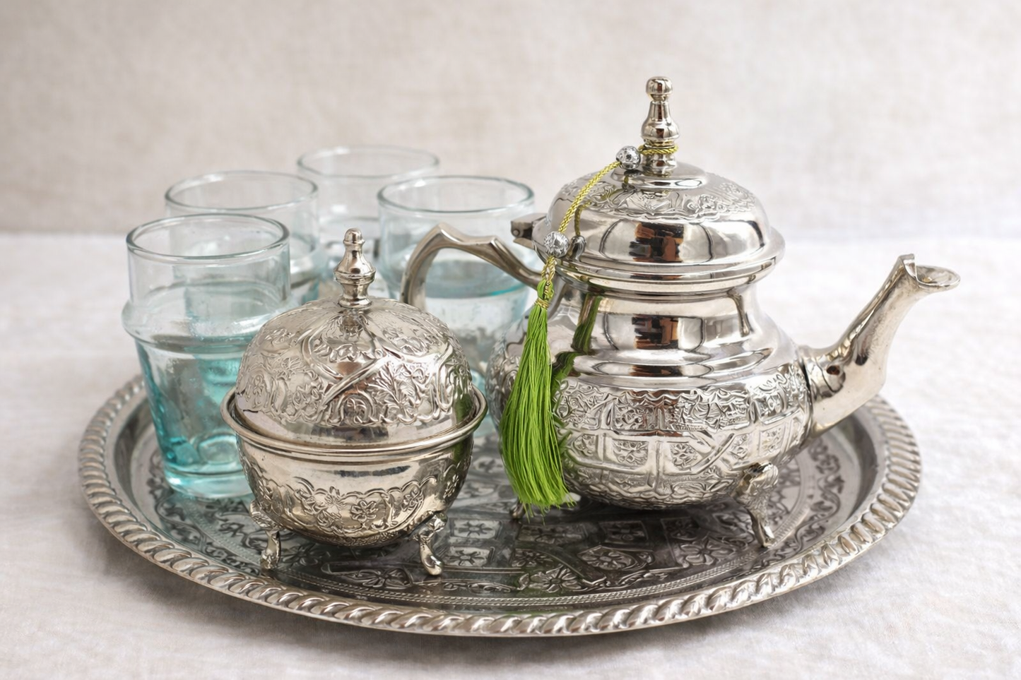 Pack Ceremonia del Té Marroquí Completo - Juego Tradicional de Alpaca Plateada y Cristal Beldi