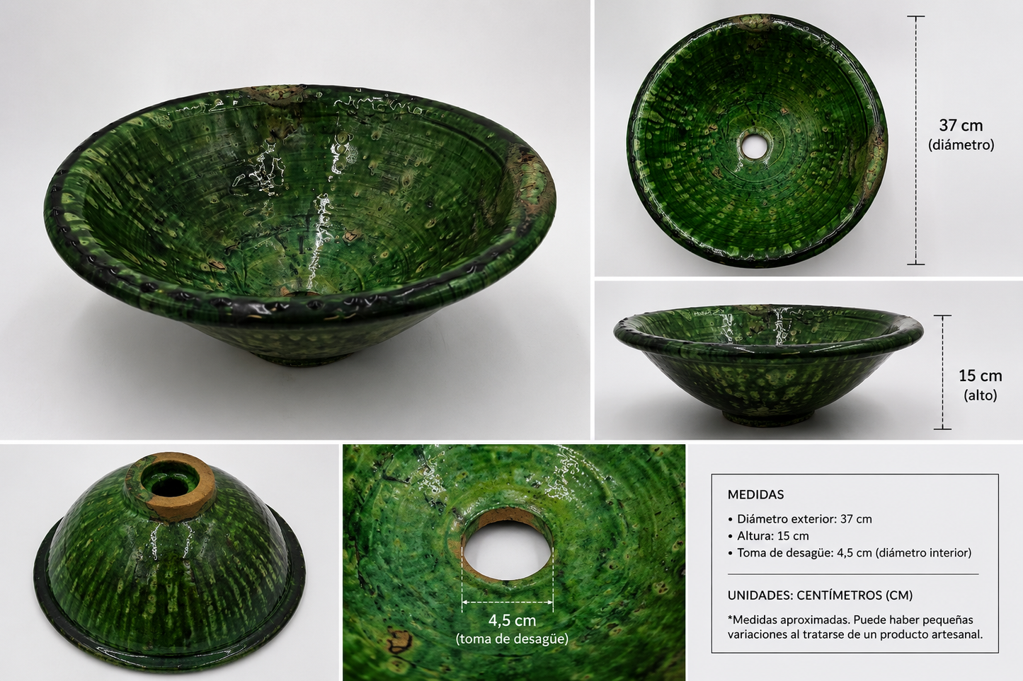 Lavabo Artesanal de Cerámica Tamgrout Verde | Lavabo Marroquí Sobre Encimera 37 cm - Decoración marroquí