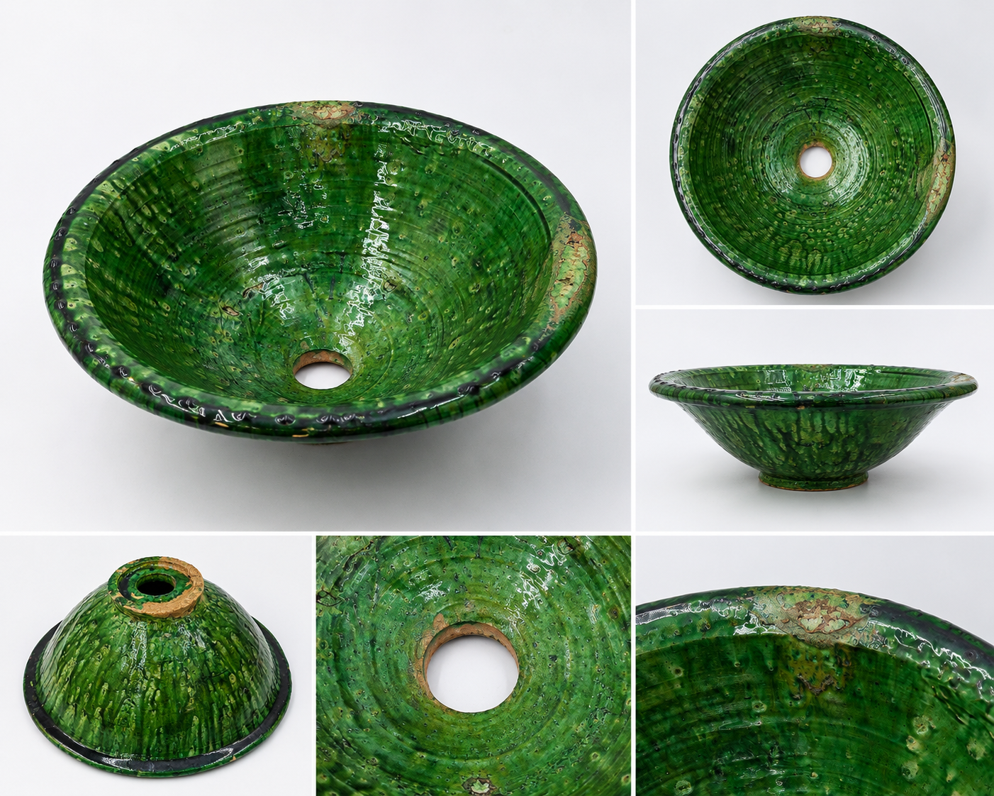 Lavabo Artesanal de Cerámica Tamgrout Verde | Lavabo Marroquí Sobre Encimera 37 cm - Decoración marroquí