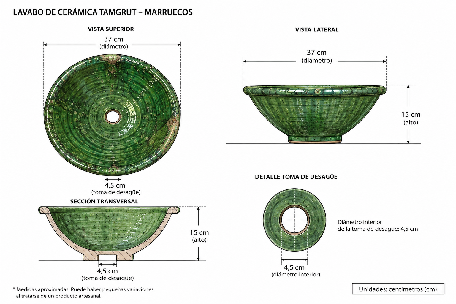 Lavabo Artesanal de Cerámica Tamgrout Verde | Lavabo Marroquí Sobre Encimera 37 cm - Decoración marroquí