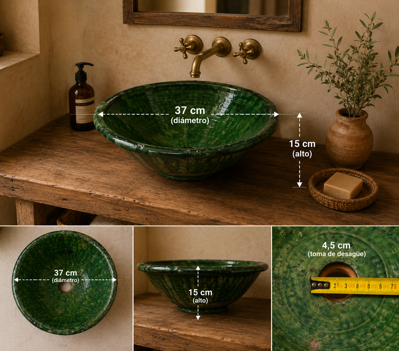 Lavabo Artesanal de Cerámica Tamgrout Verde | Lavabo Marroquí Sobre Encimera 37 cm - Decoración marroquí