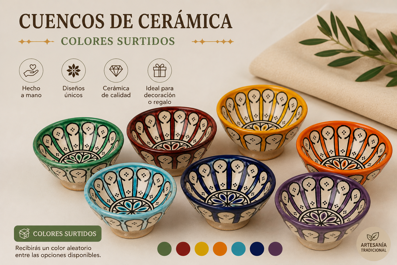 Cuenco Cerámica Artesanal Marroquí - Diseño Arcos Andalusís - Modelo Aqwas - Colores Surtidos - Decoración marroquí
