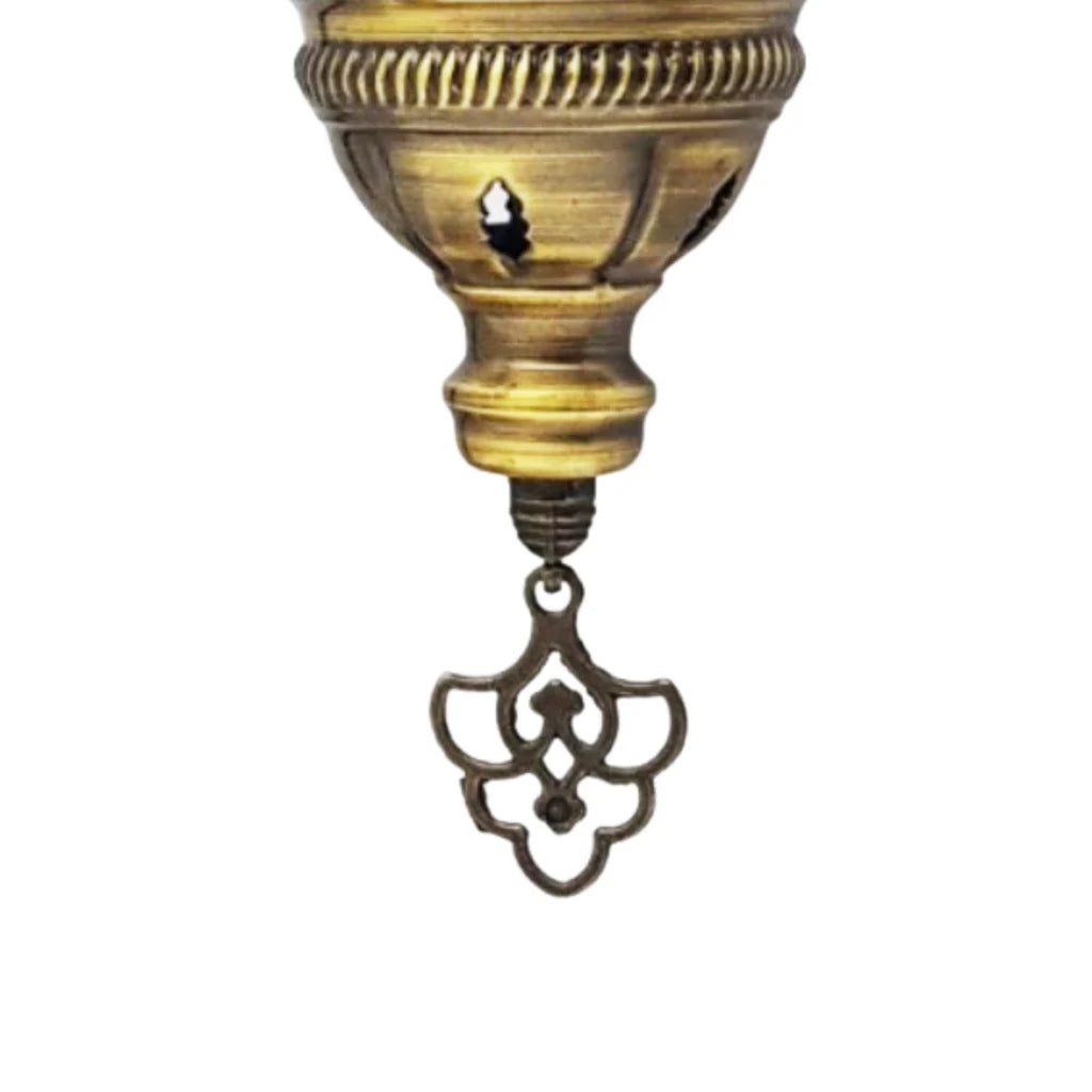 Cabeza colgante de metal dorado envejecido con remate arabesco calado, recambio para lámpara turca de mosaico globos nº2 y nº3