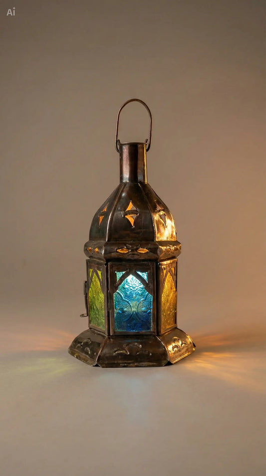 Farol Marroquí Hexagonal | Cristales de Colores | Arco Árabe