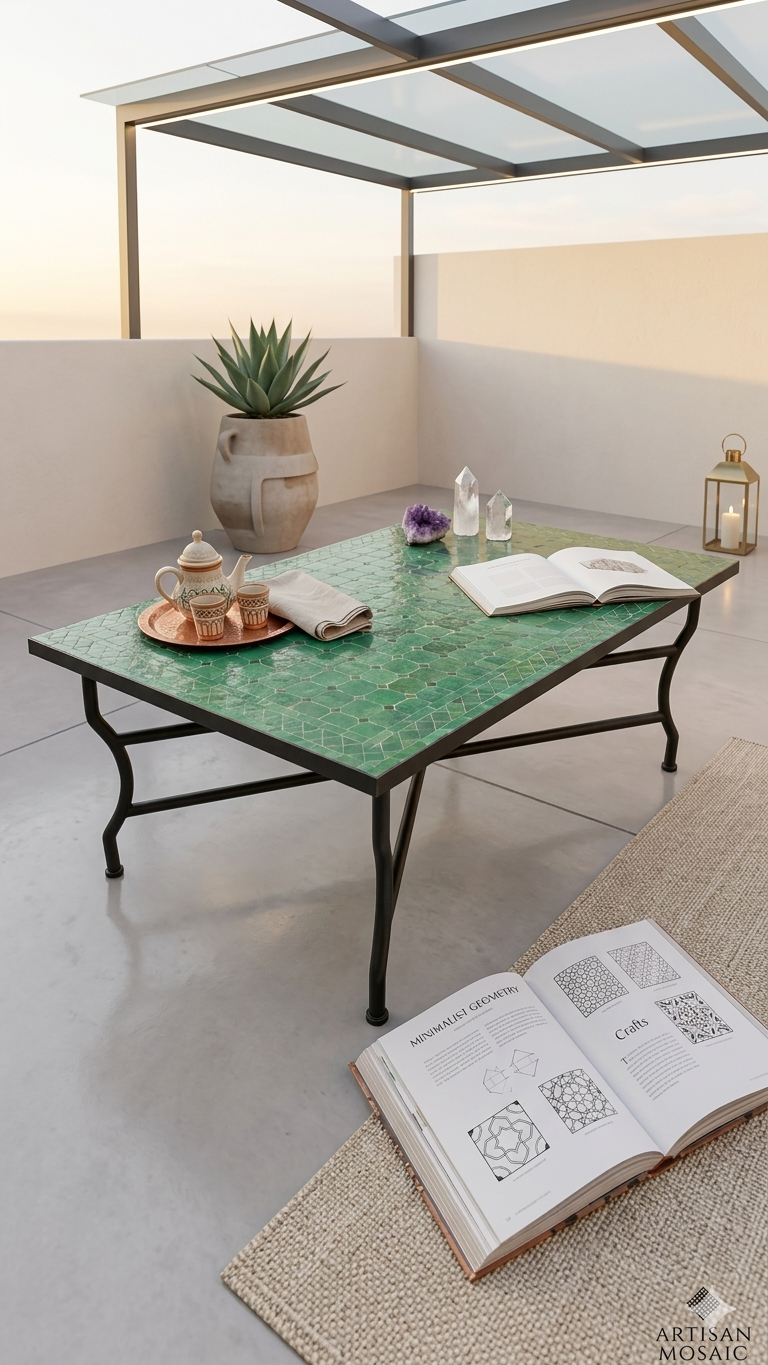 Mesa Mosaico Marroquí Verde Esmeralda 120x75cm - Artesanal Hierro Negro