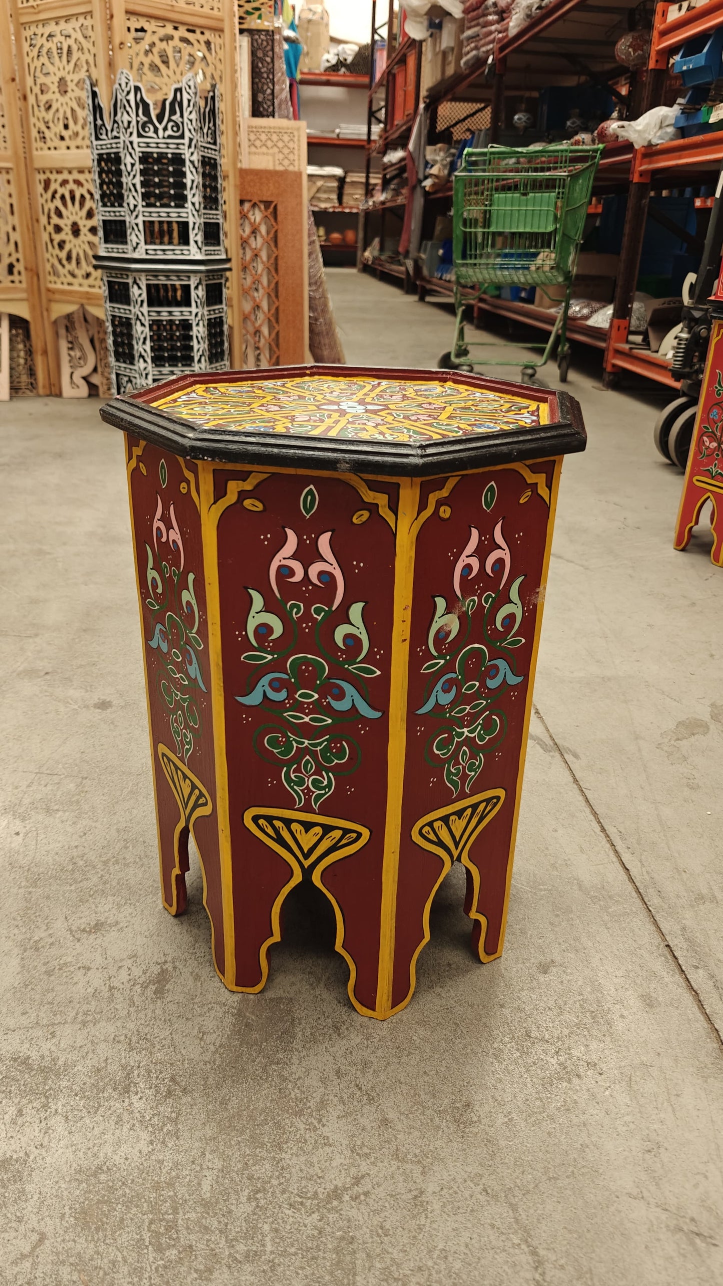 Mesa auxiliar octogonal marroquí pintada a mano - Granate y Dorado - Decoración marroquí