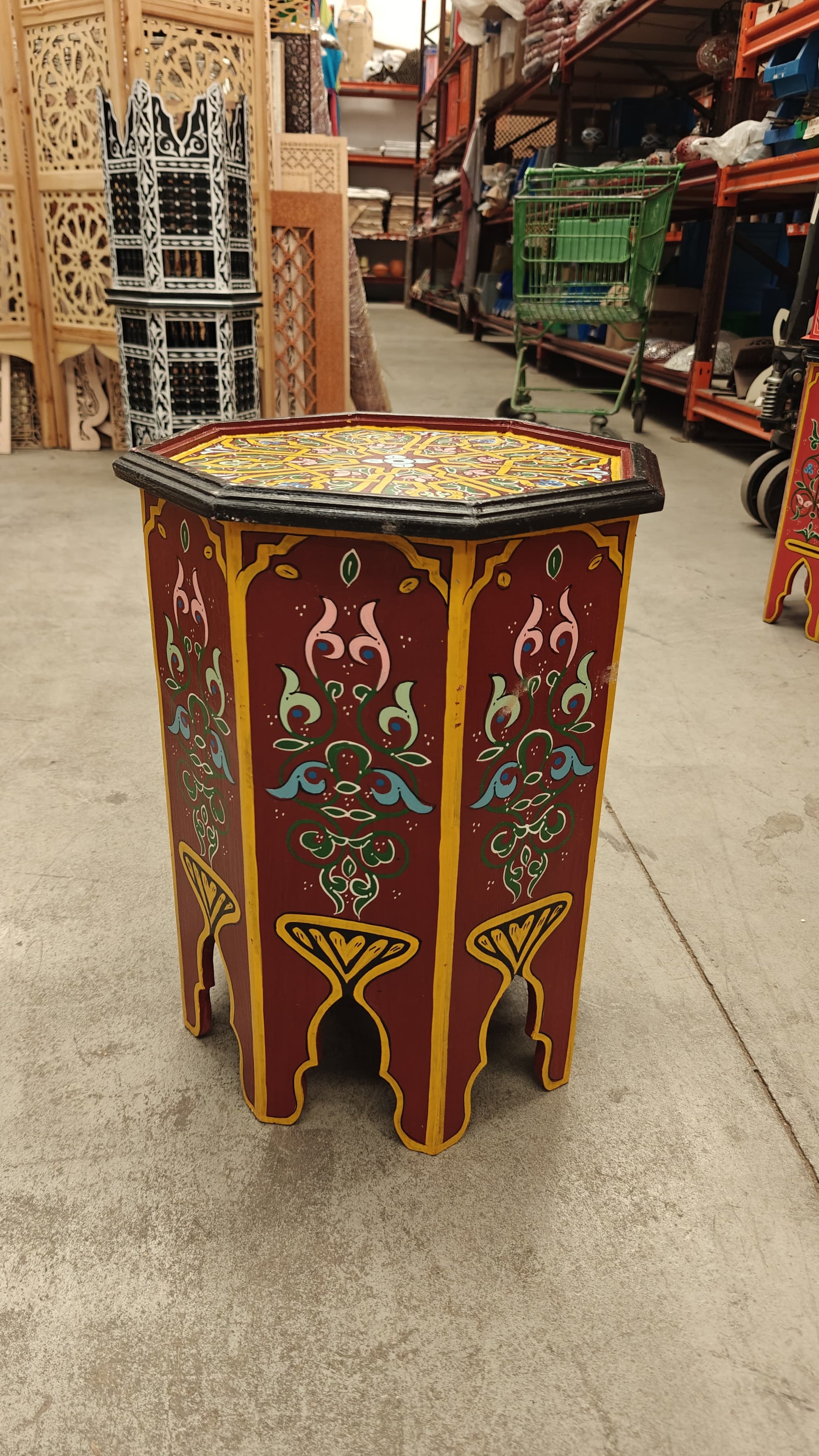 Mesa auxiliar octogonal marroquí pintada a mano - Granate y Dorado - Decoración marroquí