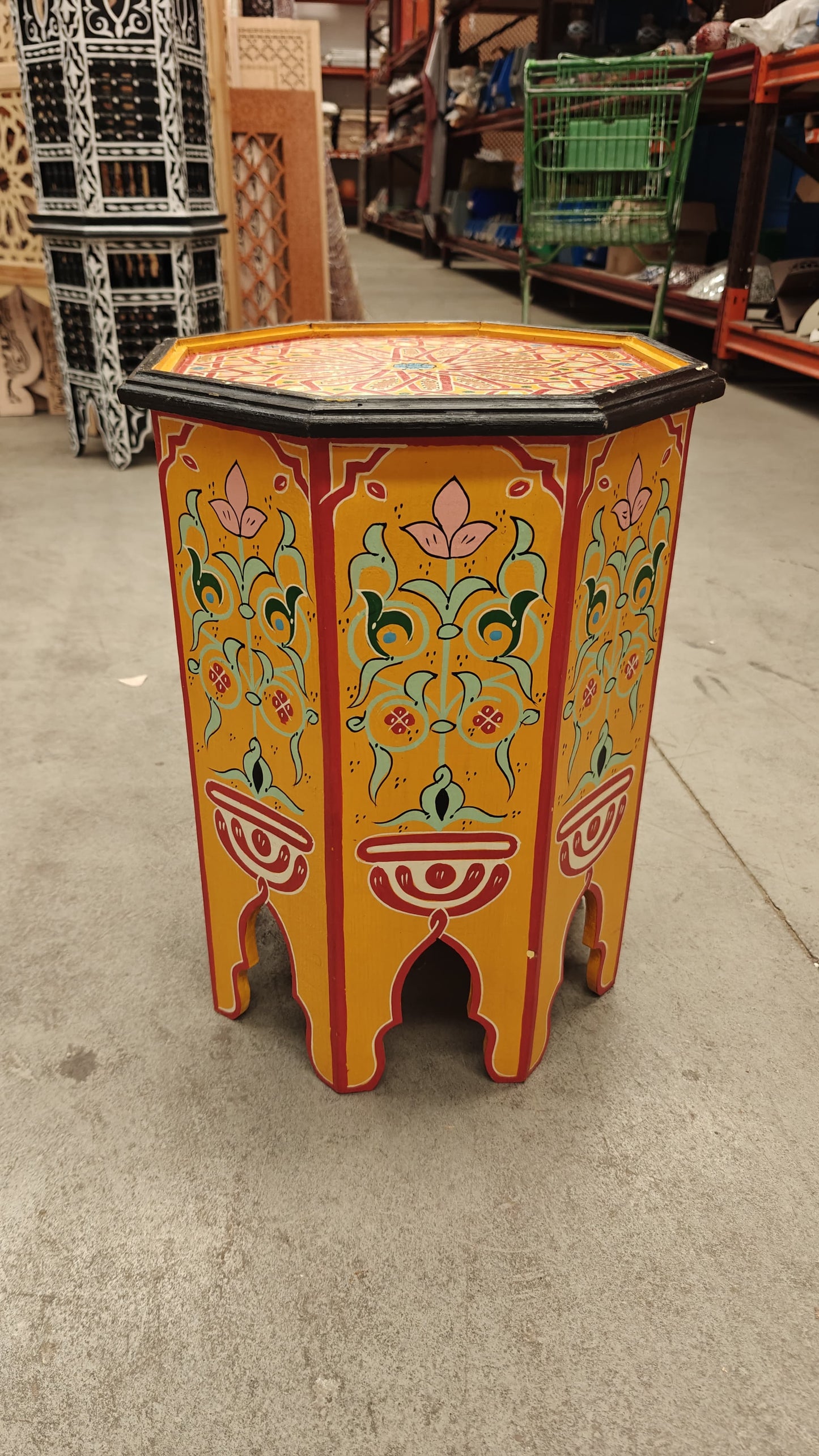 Mesa auxiliar octogonal marroquí pintada a mano - Naranja y Verde - Decoración marroquí