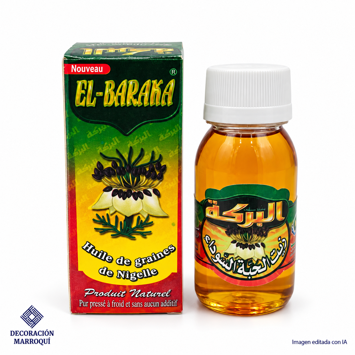Aceite de semillas de nigella El-Baraka 60 ml, caja y frasco sobre fondo blanco. Imagen editada con IA.