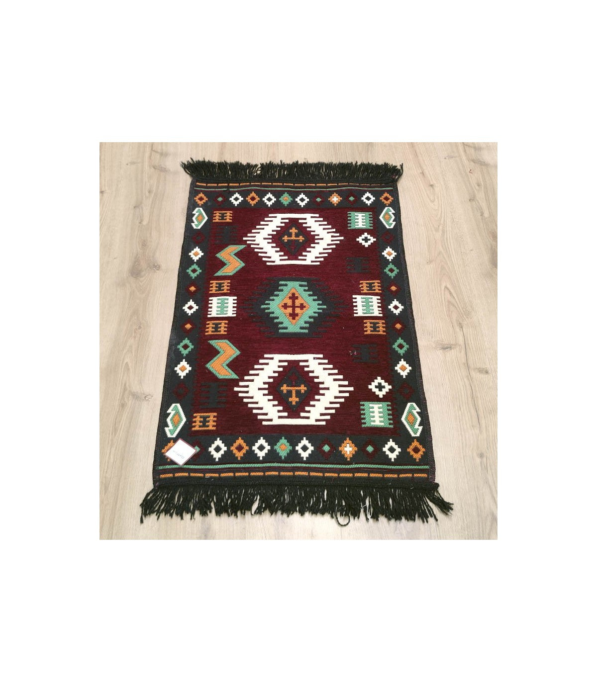 Alfombra tapiz turca kilim 60x90 cm color granate oscuro con diseño geométrico y flecos negros