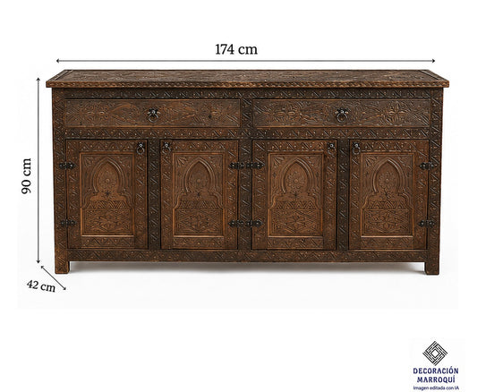 Aparador marroquí de madera tallada 174 × 90 × 42 cm con 4 puertas y 2 cajones, composición con medidas editada con IA