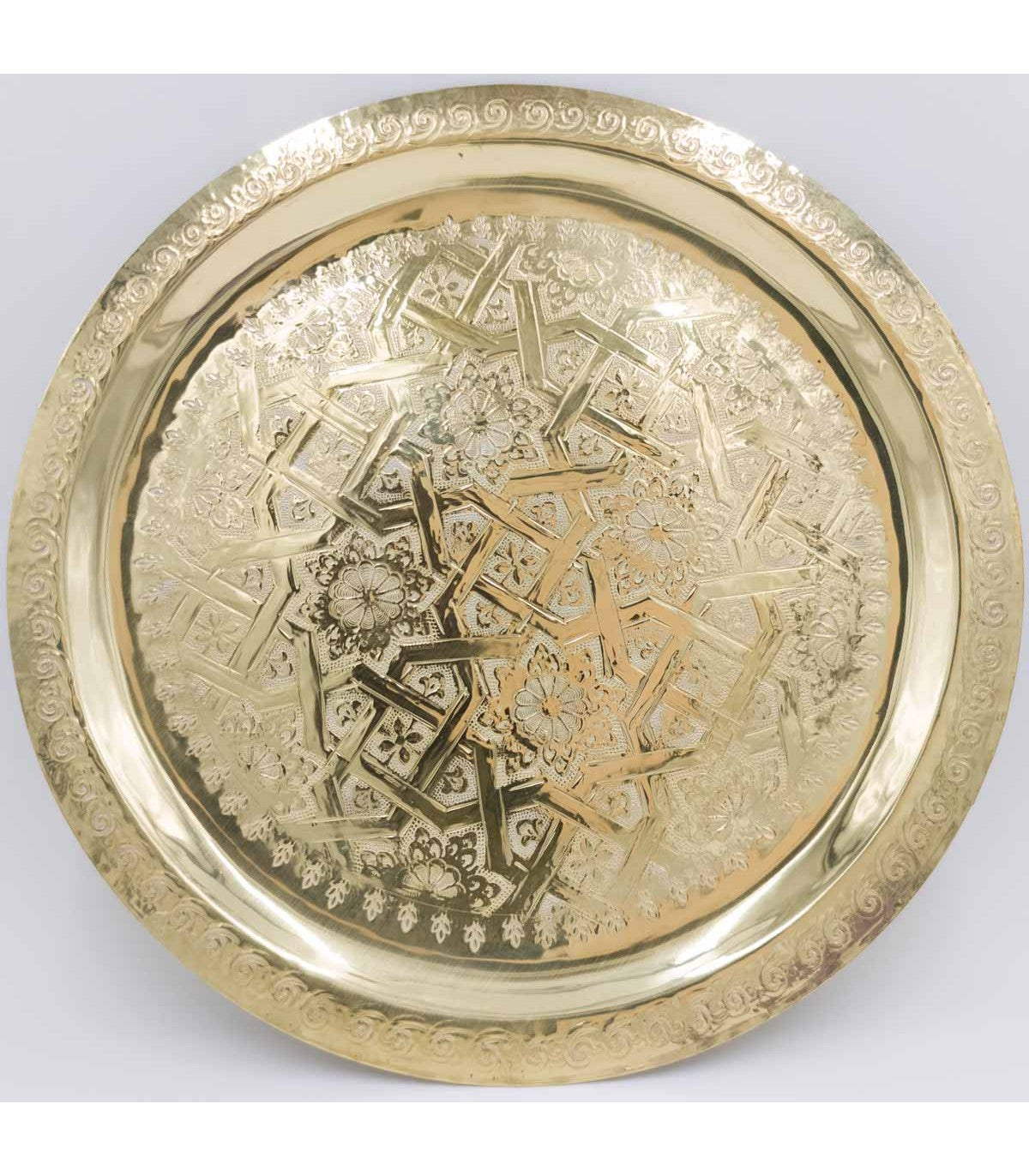 Hand Carved Moroccan Tea Tray in Alpaca - Golden Elegance for Your Home