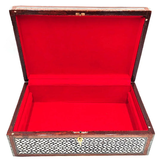 Joyero Artesanal de Taracea con 2 Niveles | Incrustaciones de Madera y Nácar | Forrado en Terciopelo Rojo - Decoración marroquí artesanal y cosmética natural
