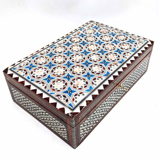 Handcrafted Inlaid Jewelry Box with 2 Levels | Wood and Mother of Pearl Inlays | Lined in Red Velvet