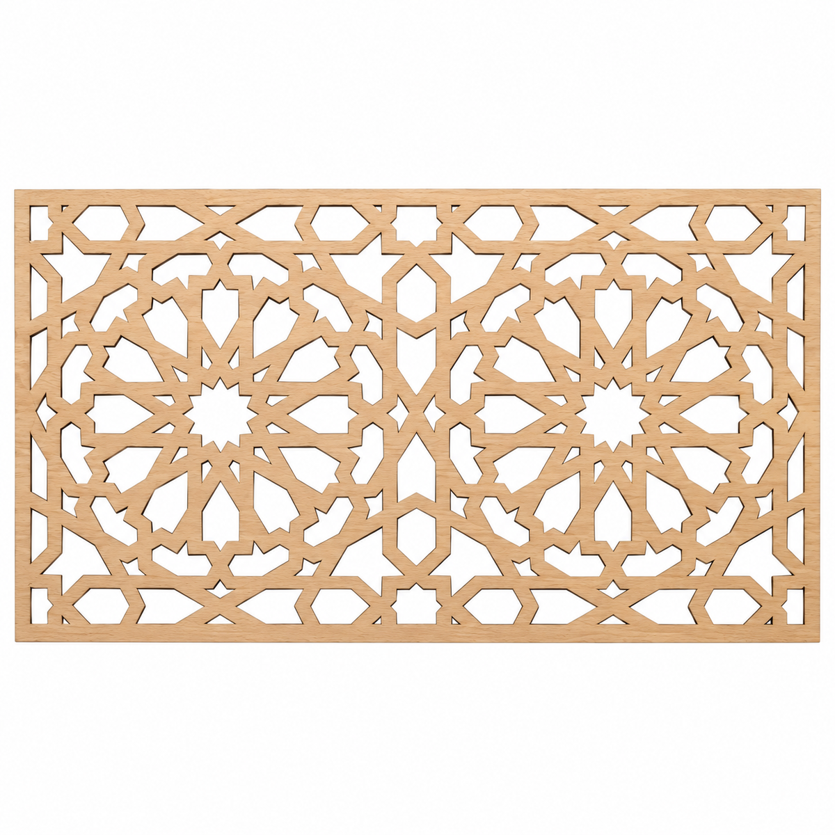 Celosía Alhambra de 100 × 60 cm en madera natural sin barniz de 5 mm sobre fondo blanco.