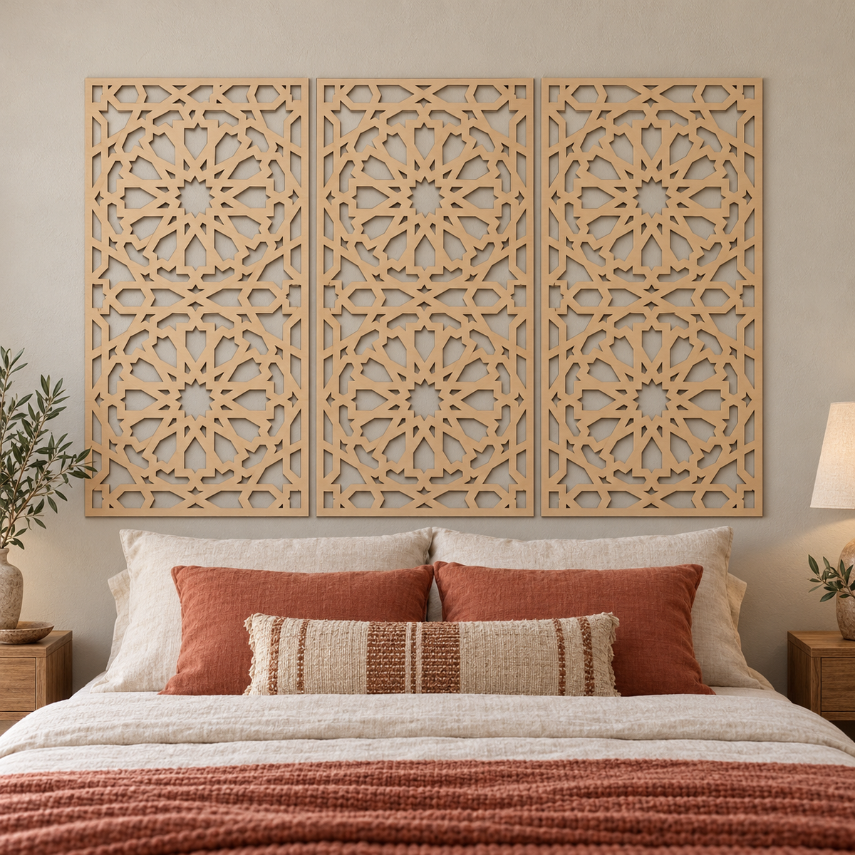Composición de tres celosías naturales de 100 × 60 cm en vertical como cabecero; venta por unidad.