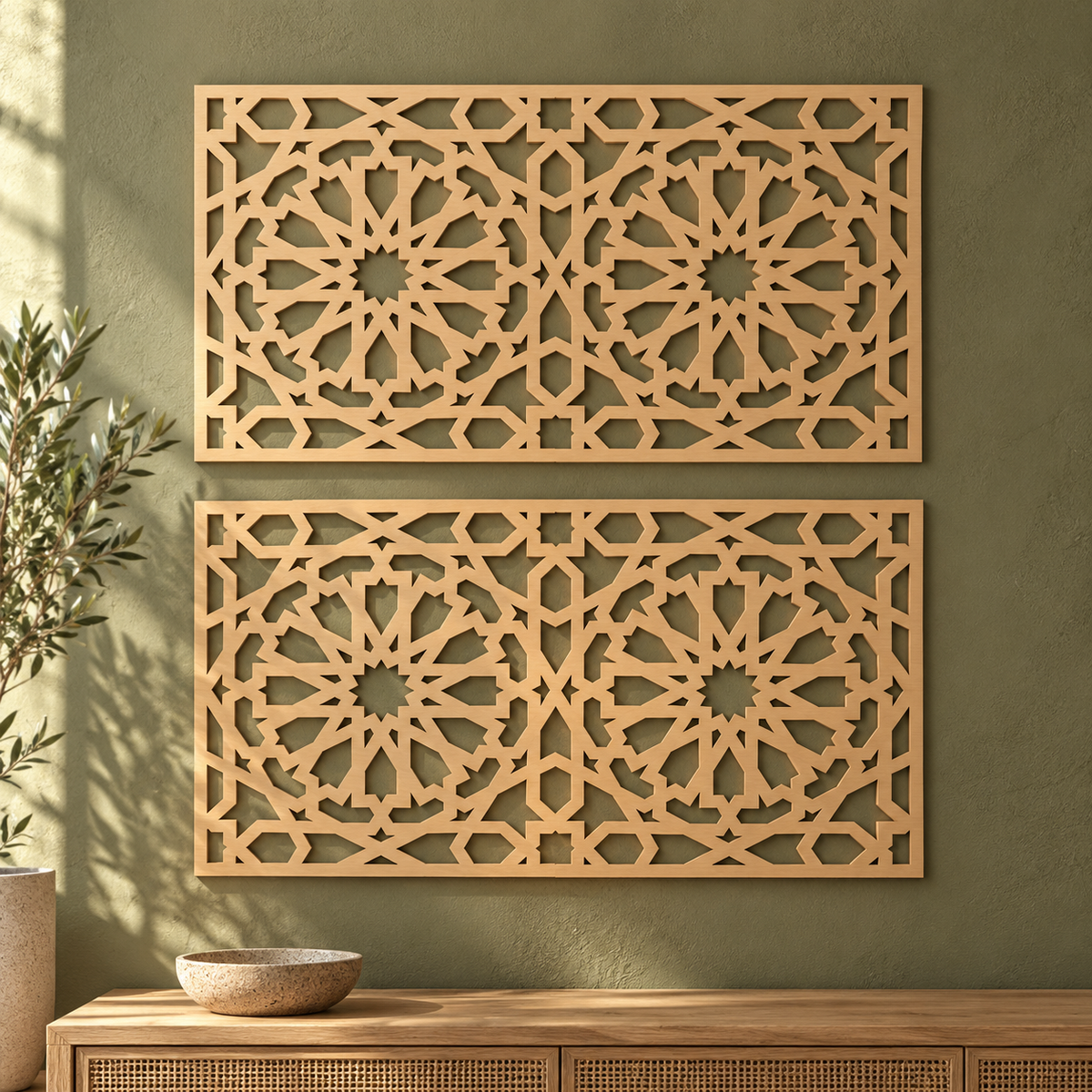 Composición de dos celosías naturales de 100 × 60 cm en una pared; venta por unidad.