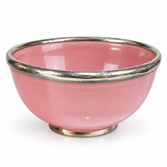 Cuenco árabe rosa de cerámica con borde de alpaca