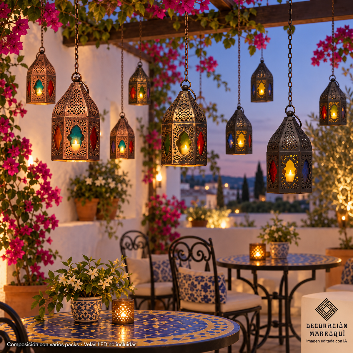 Composición de terraza con varios packs de farolillos colgados a distintas alturas. Velas LED, cadenas y accesorios no incluidos. Imagen editada con IA.