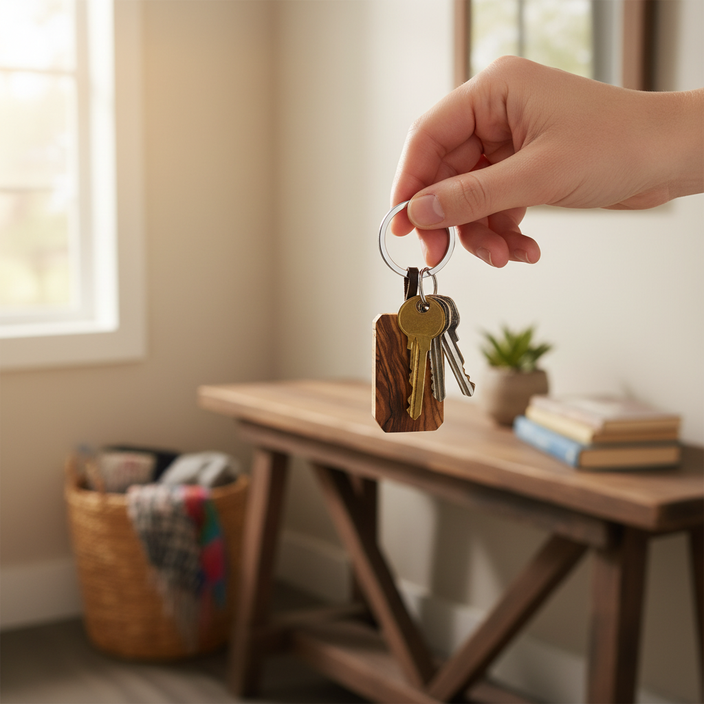 Llavero rectangular olivo con llaves de casa - uso cotidiano lifestyle hogar