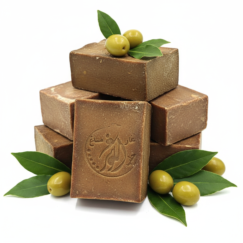 Jabón de Alepo tradicional con hojas de laurel natural y aceitunas sobre fondo blanco - Pack 5 pastillas artesanales veganas