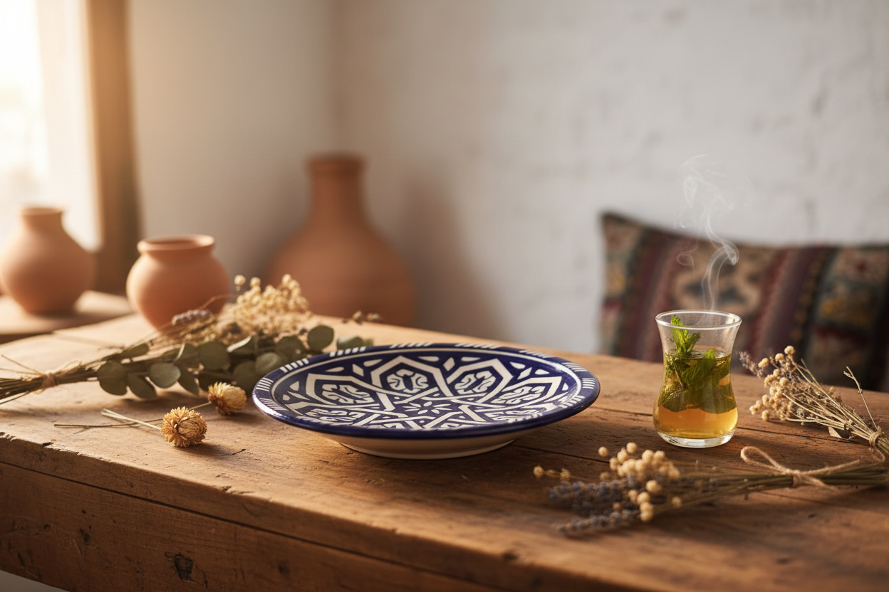 Platos marroquíes azul cobalto decoración lifestyle mesa con té marroquí estilo boho andalusí