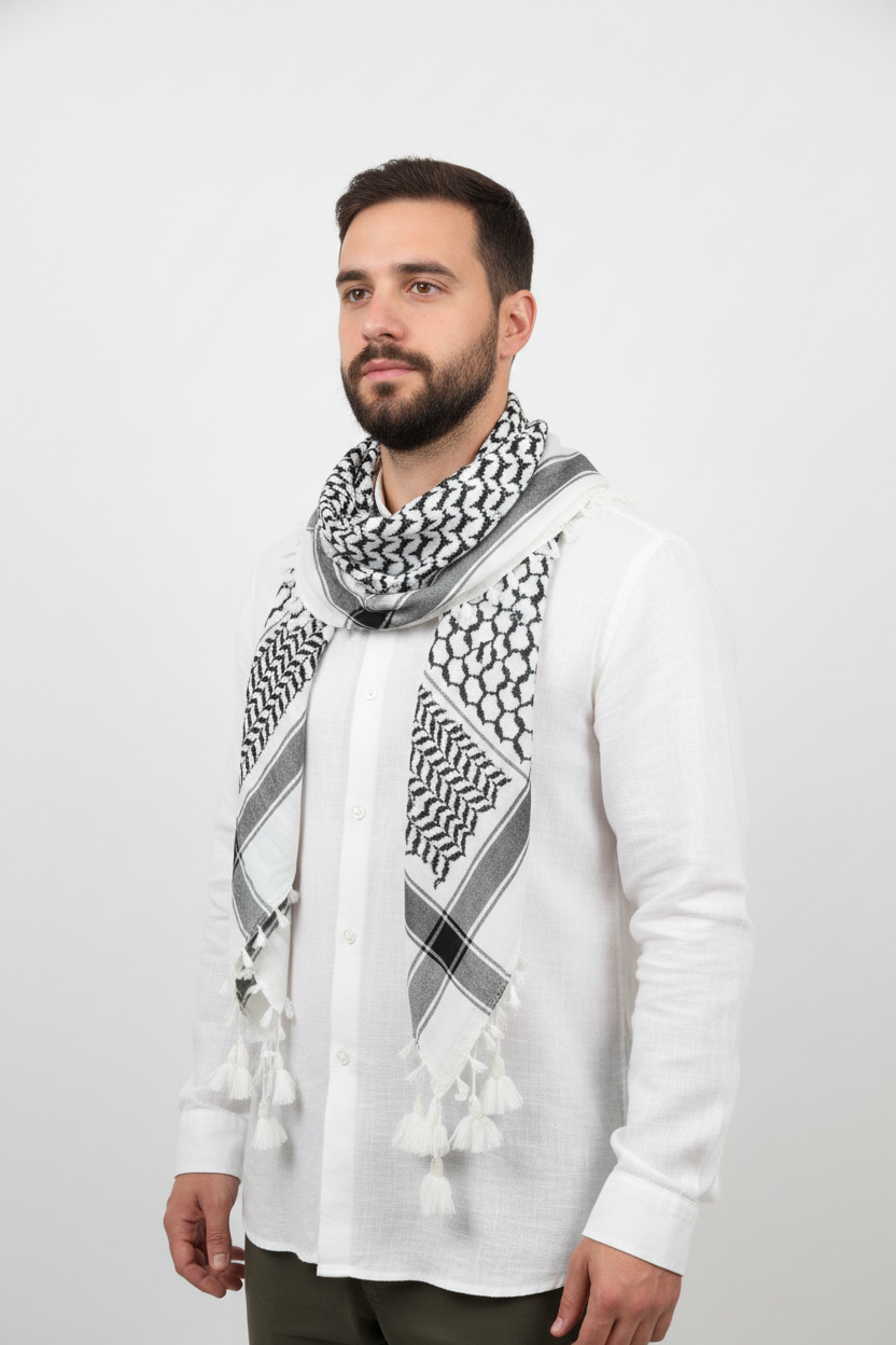 Kufiya palestina 100% algodón blanco y negro con flecos, 120x120 cm, sobre modelo masculino con fondo blanco