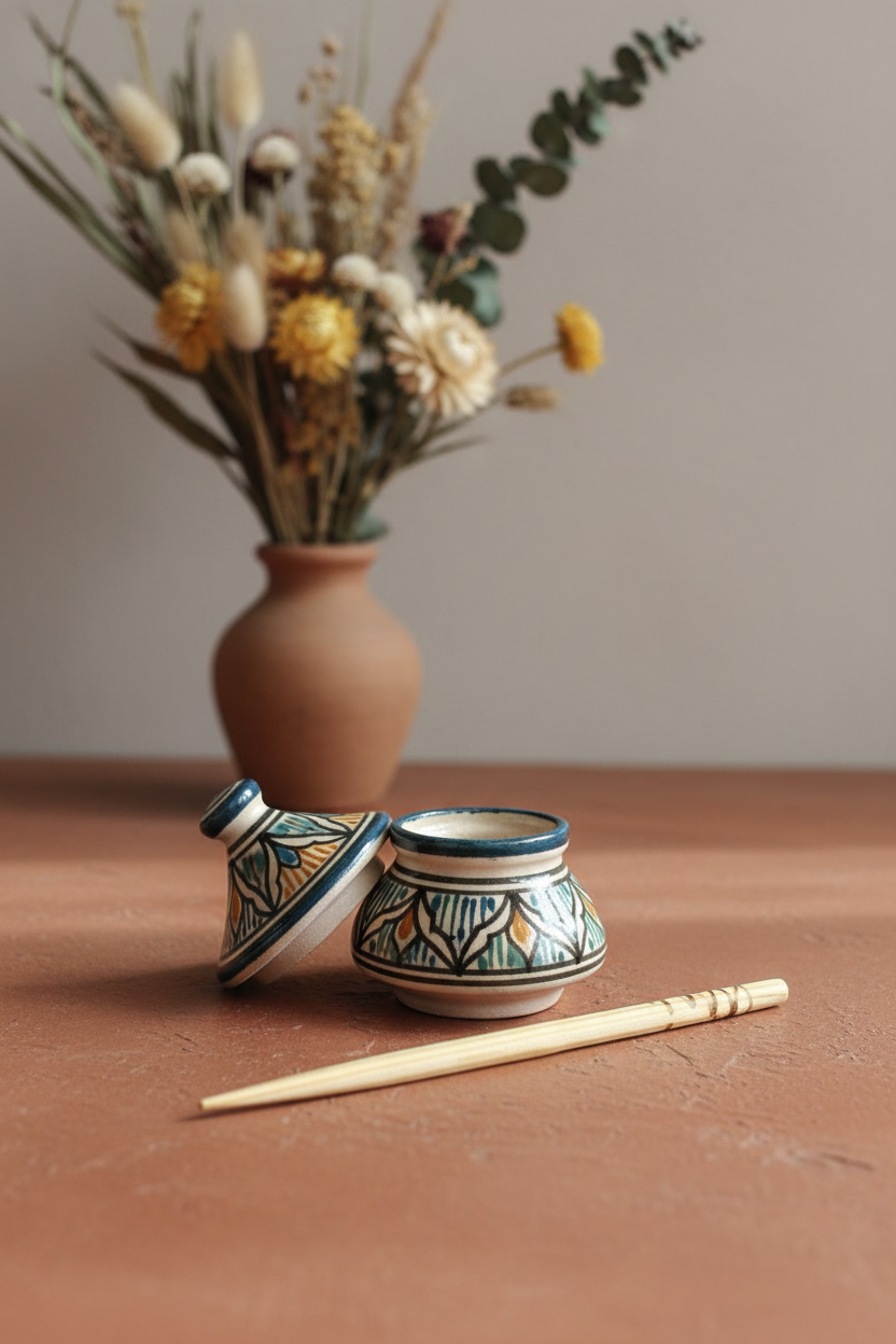 Palito aplicador de khol marroquí artesanal en escena lifestyle andalusí con frasco de khol cerámico y flores secas sobre superficie de terracota