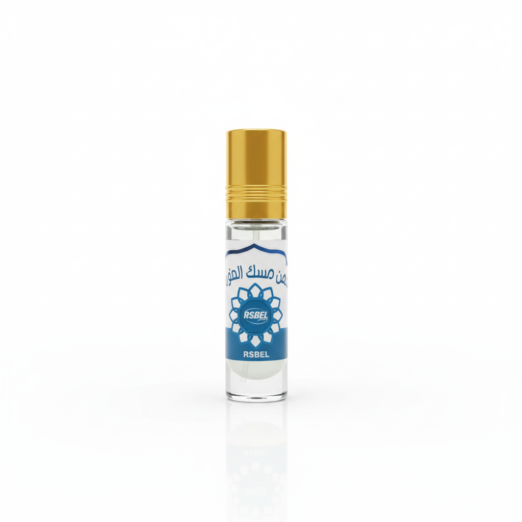 Perfume roll-on almizcle blanco fondo blanco foto producto profesional ecommerce