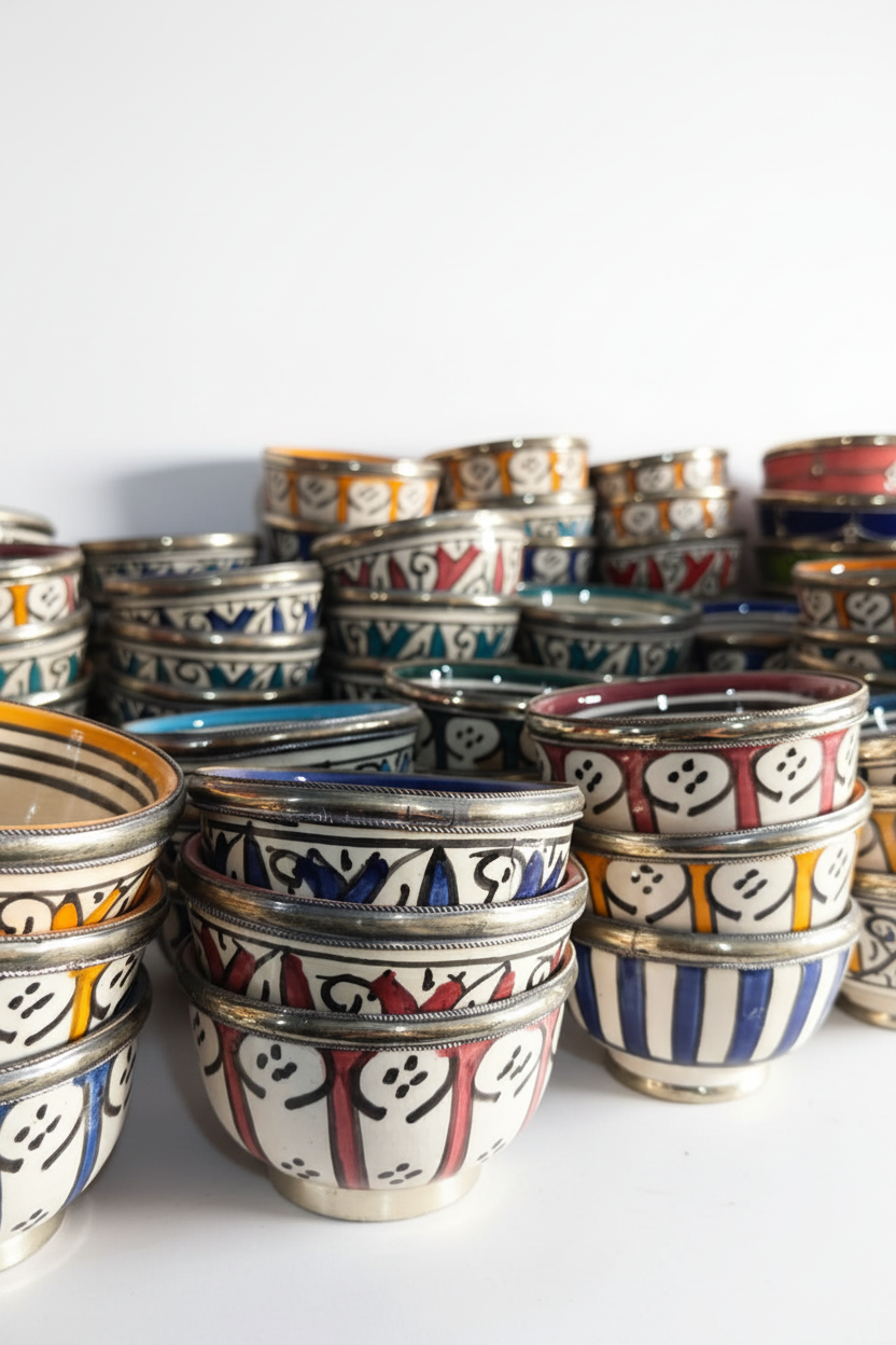 Cuencos artesanales de Fez con diseños y colores surtidos sobre fondo blanco