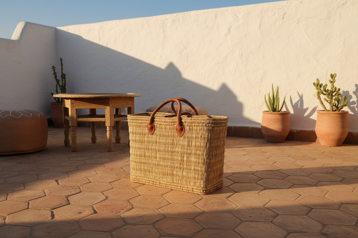 Capazo de mimbre natural con asas de cuero en ambiente mediterráneo, estilo lifestyle marroquí
