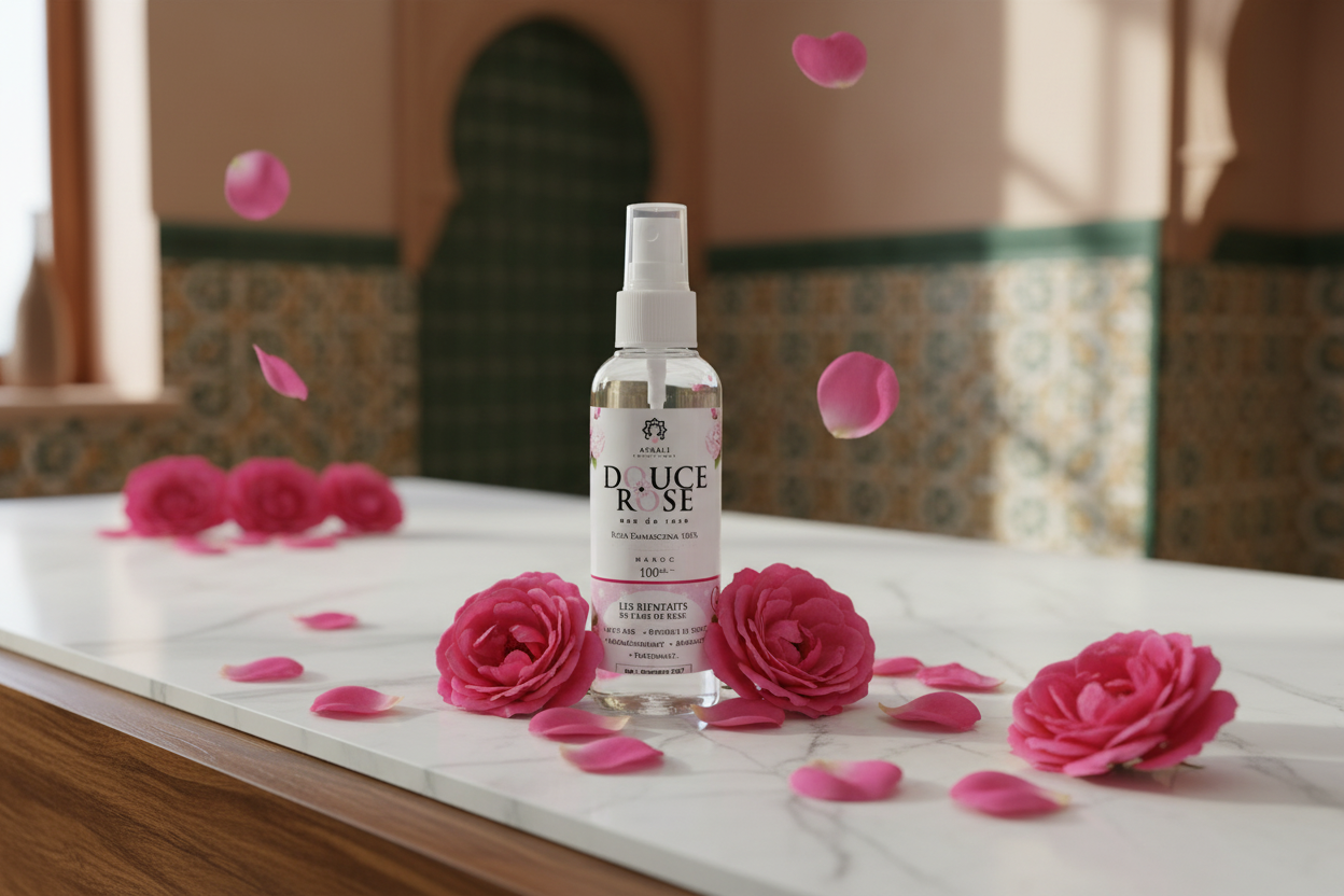 Agua de rosas marroquí con pétalos de rosa damascena - lifestyle andalusí