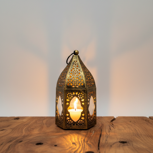 Farolillo árabe dorado lifestyle, vela encendida, decoración ambiente andalusí