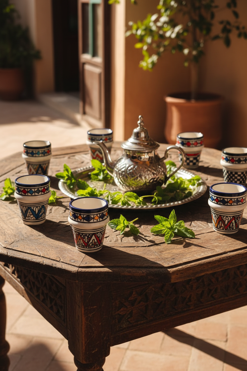 Vasos Beldi marroquíes en mesa andaluza con té a la menta, ambiente mediterráneo