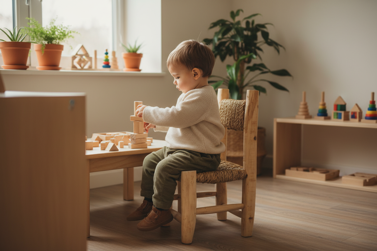 Niño sentado en silla infantil marroquí madera esparto ambiente Montessori acogedor