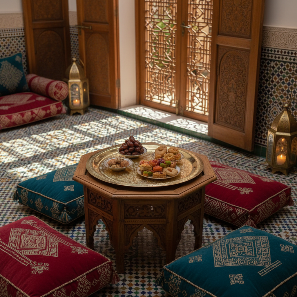 Bandeja de latón dorado marroquí en riad de lujo con dátiles, pasteles y luz de mashrabiya - lifestyle artesanal