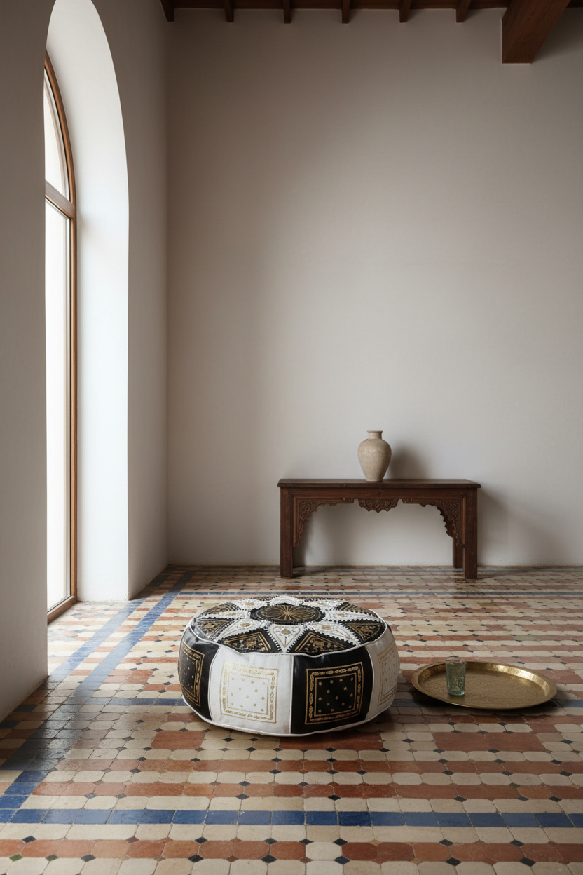 Puff árabe andalusí de cuero negro con motivos dorados integrado en interior marroquí minimalista con suelo de zellige y luz natural