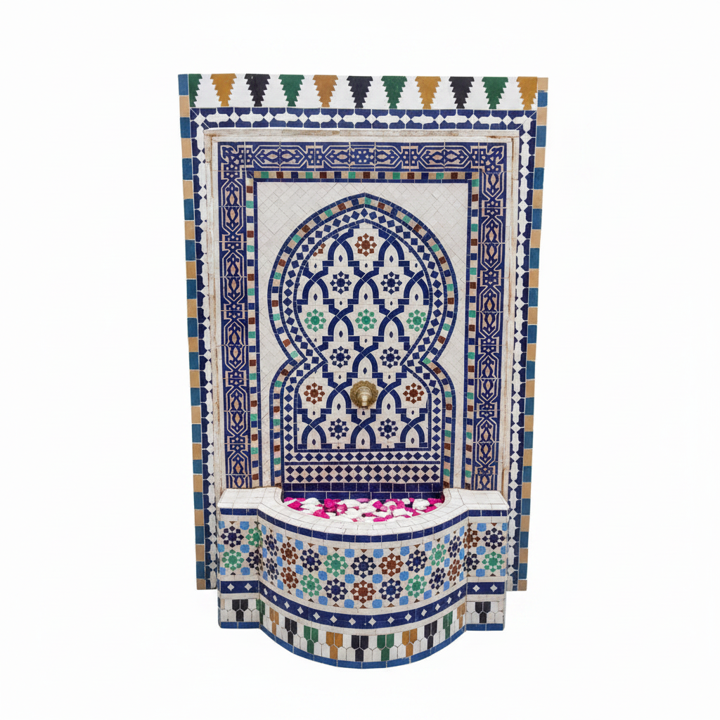 Fuente de mosaico marroquí multicolor con patrón de rombos azul verde amarillo rojo – fondo blanco