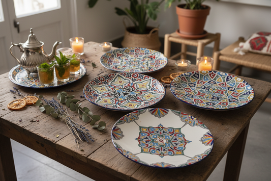 Platos marroquíes multicolor decoración lifestyle mesa con té marroquí estilo boho andalusí