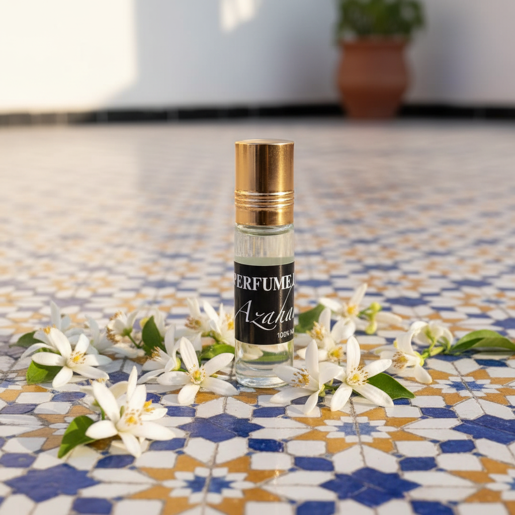 Perfume azahar natural 6ml en ambiente lifestyle con flores blancas de naranjo y azulejos marroquíes
