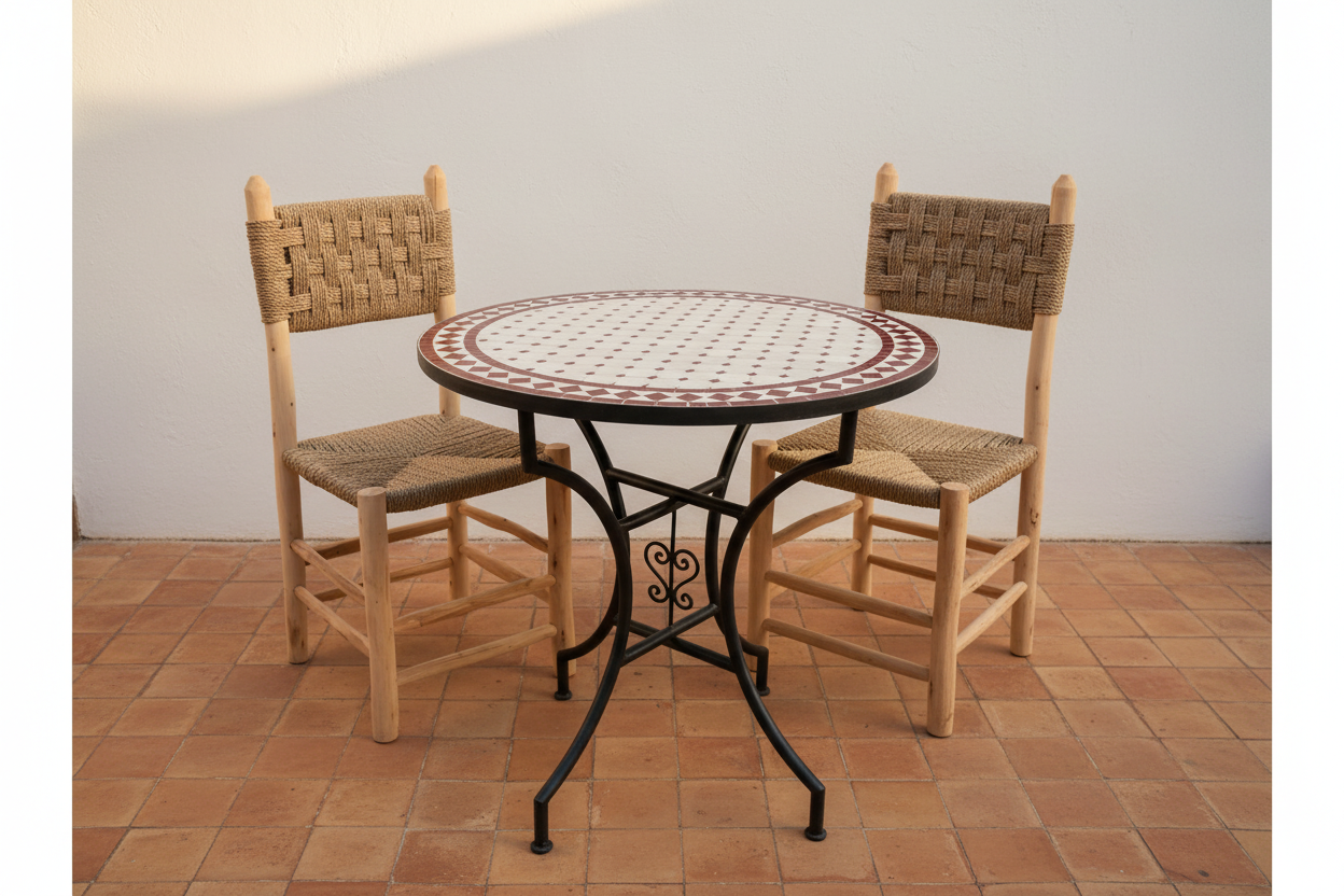 Mesa de mosaico zellige granate con sillas marroquíes de eucalipto y palma trenzada en patio andalusí