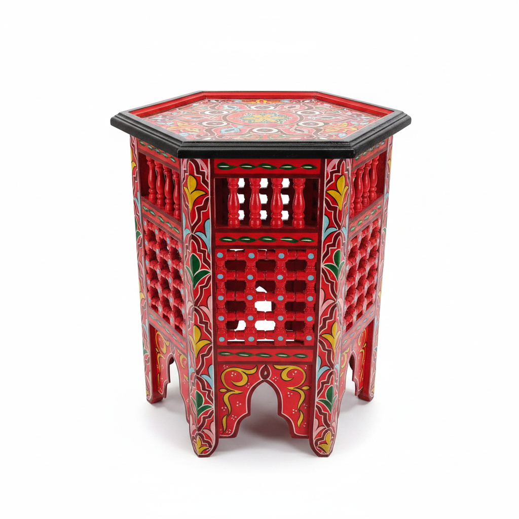 Mesita árabe hexagonal roja celosía mashrabiya fondo blanco decoración marroquí artesanal