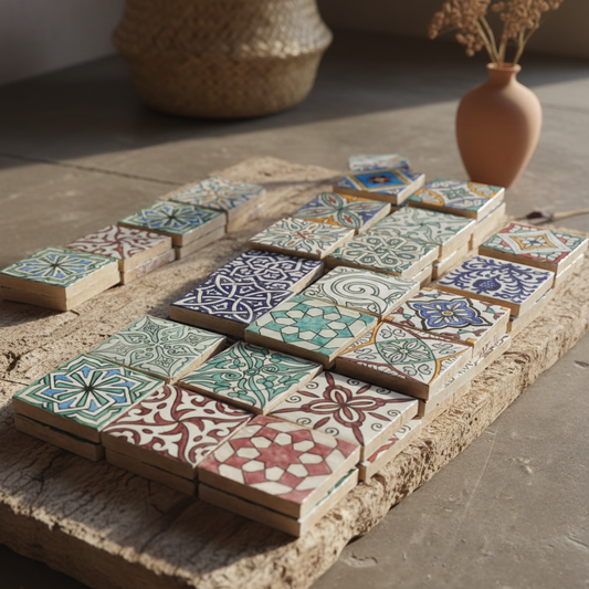 Azulejos marroquíes artesanales con motivos árabes y andaluces sobre superficie rústica – decoración cerámica zellige