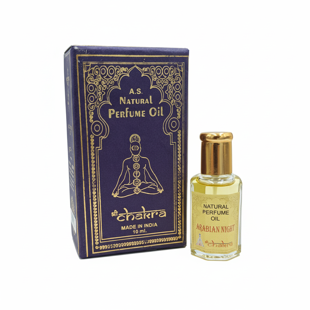 Aceite de Perfume Natural Chakra Arabian Night 10ml con caja decorativa morada - Producto completo sobre fondo blanco profesional