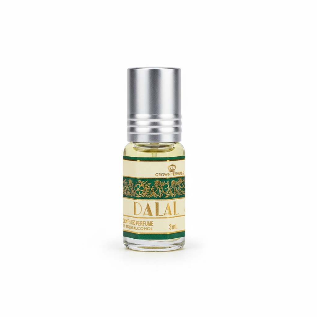 Perfume Dalal Al-Rehab roll-on 3ml con tapa plateada sobre fondo blanco - fragancia unisex sin alcohol