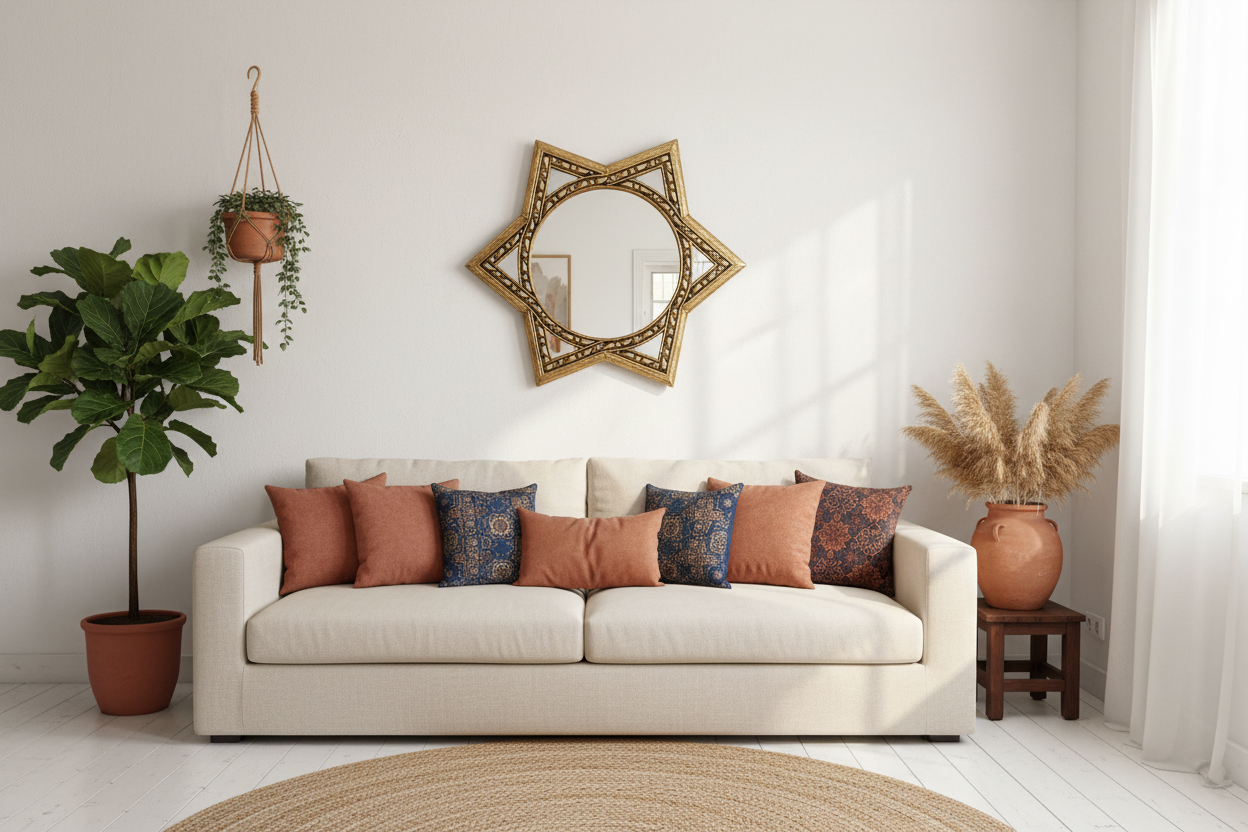 Espejo marroquí estrella dorada colgado en salón boho mediterráneo – decoración pared lifestyle