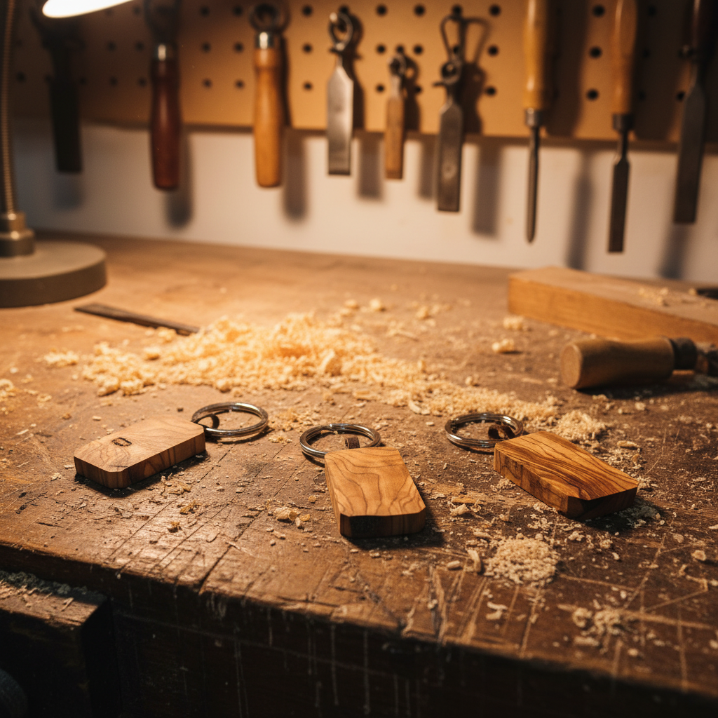 Llavero Mustatil madera de olivo en taller artesanal de carpintería - ambiente auténtico