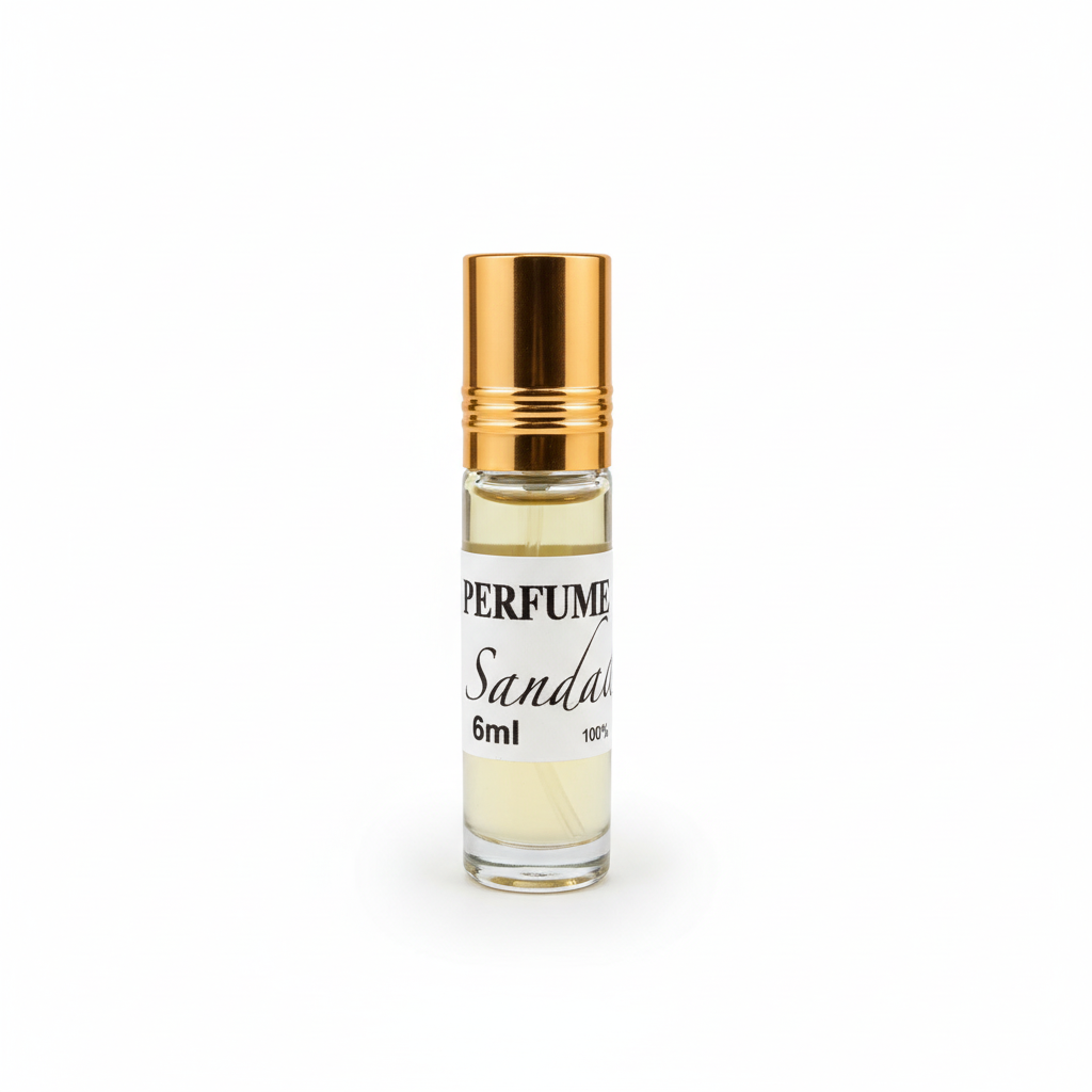 Perfume sándalo roll-on natural 6ml con tapa dorada sobre fondo blanco - aceite esencial sandalwood